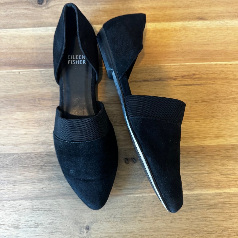 Eileen Fisher Women 6.5 Black Suede Pointed Toe d'Orsay Flats Elastic Strap